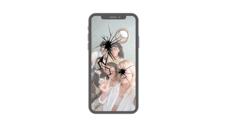 Smartphone With A Cracked Screen Showing A Group Selfie For Ifixandrepair Jupiter Florida Phone Repair.