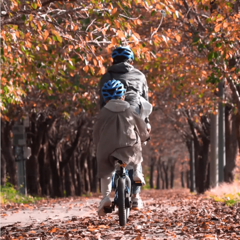 Adult And Child Riding Bicycles Together On A Tree-Lined Path