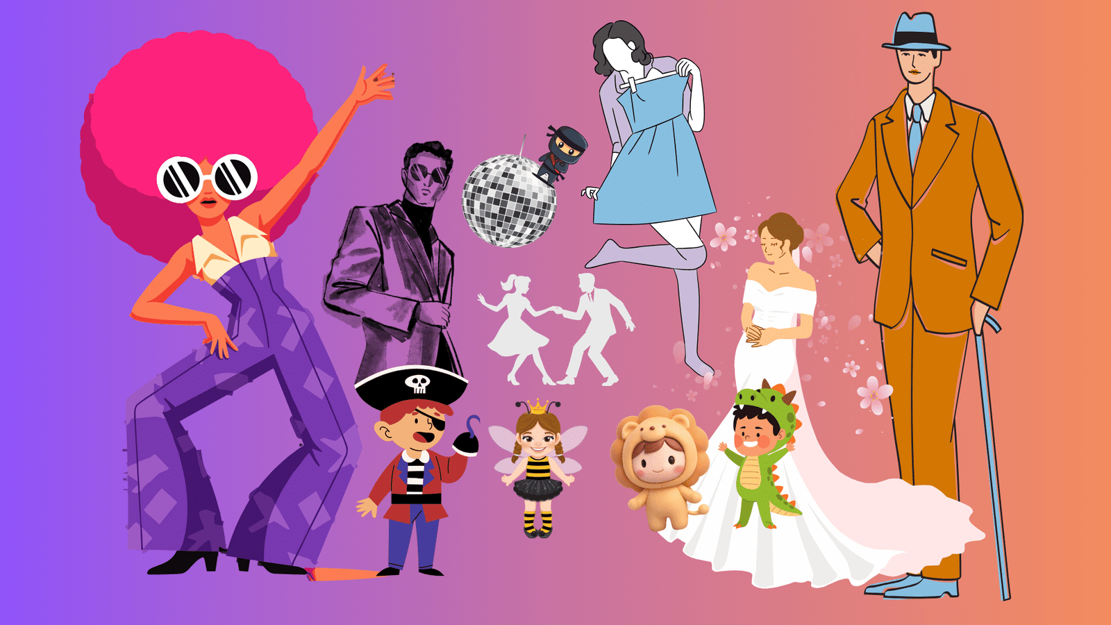 Colorful fashion, formalwear, costumes, and wedding dress graphic for Puritan Dry Cleaners dress to impress post.