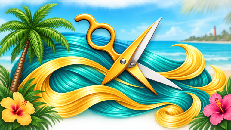 Tropical Sassy Scissors Hair Salon Graphic With Flowing Hair, Gold Scissors, Palm Tree, Beach, And Flowers.
