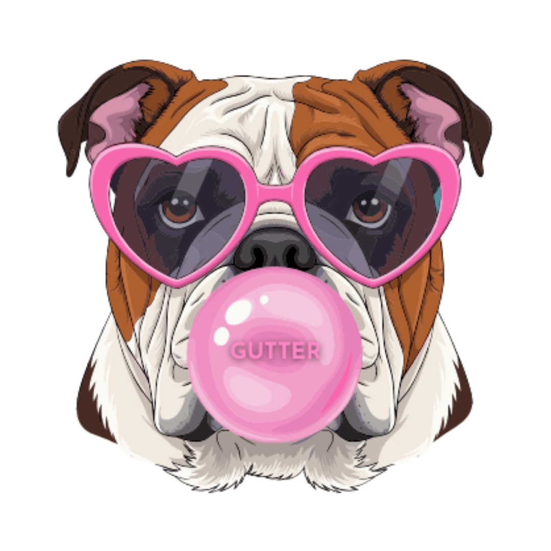 Illustrated bulldog named Gutter wearing pink heart sunglasses for The Brothers That Just Do Gutters Jupiter Florida post.