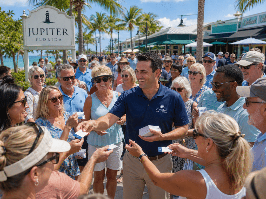 A Local Business Owner Handing Out Business Cards To People In Jupiter Florida, Representing Boofkay’s Digital Door Knocking Awareness Campaign.