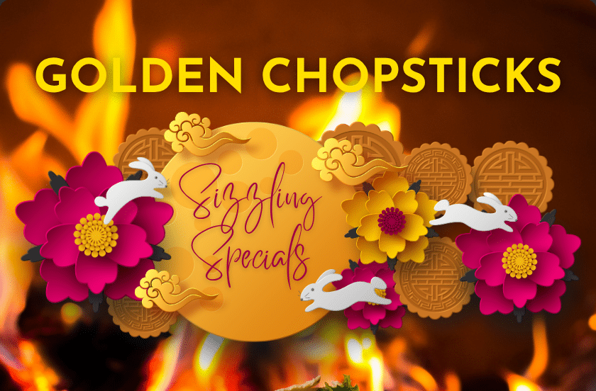 Golden Chopsticks Feature Image With Lantern-Style Artwork, Flowers, Rabbits, And A Warm Fire Background For A Chinese Restaurant Near Jupiter Florida.