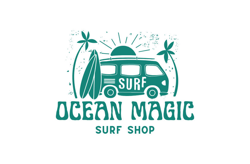 Ocean Magic Surf Shop Logo Over A Curling Ocean Wave For A Jupiter Florida Surf Shop Feature.