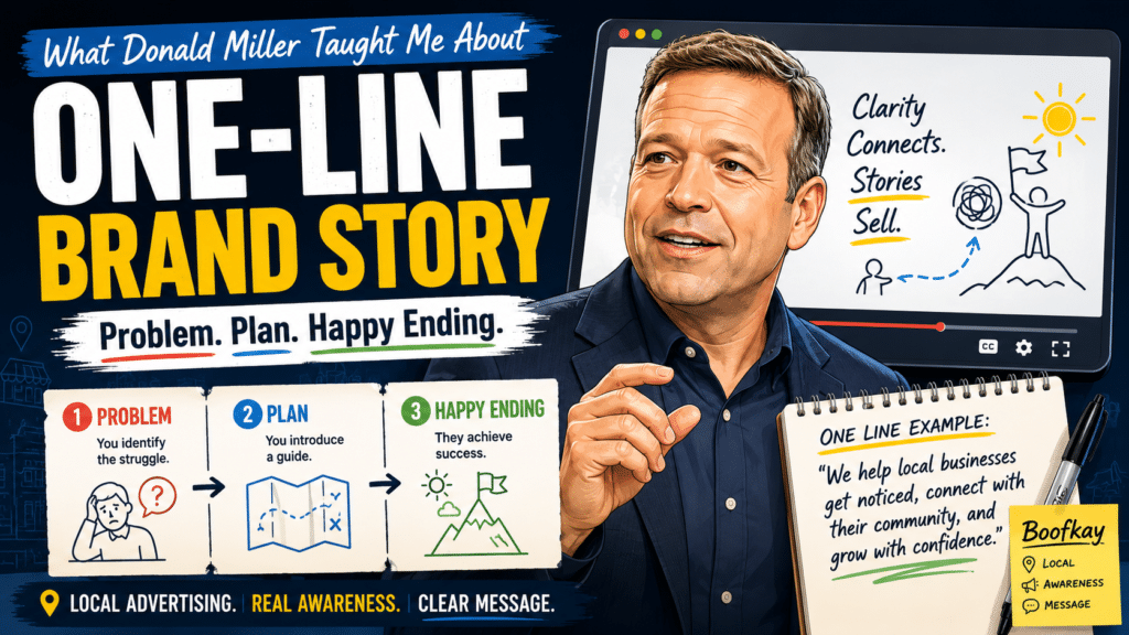 Illustration Of Donald Miller With A Three-Step One-Line Brand Story Showing Problem, Plan And Happy Ending