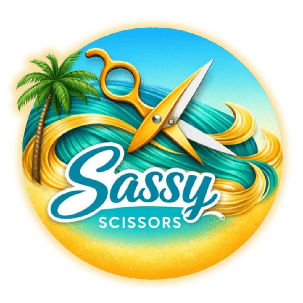 Colorful Sassy Scissors Graphic With Scissors, Palm Tree, And Tropical Hair Design For A Jupiter Florida Hair Salon.