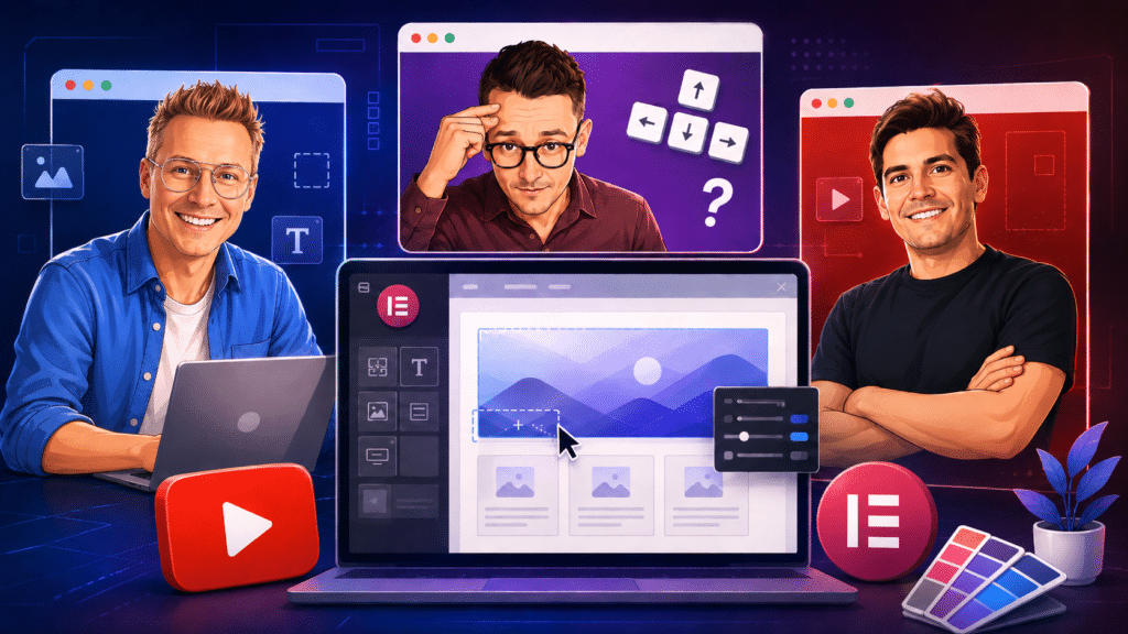 Cartoon Illustration Of Three Youtube Web Design Instructors Surrounding An Elementor Website Editor With Youtube And Elementor Icons