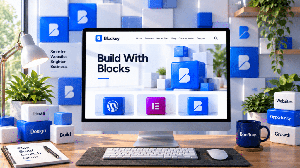 Desktop Monitor Showing A Blocksy Website With Wordpress, Elementor And Blocksy Block Icons In A Blue And White Workspace