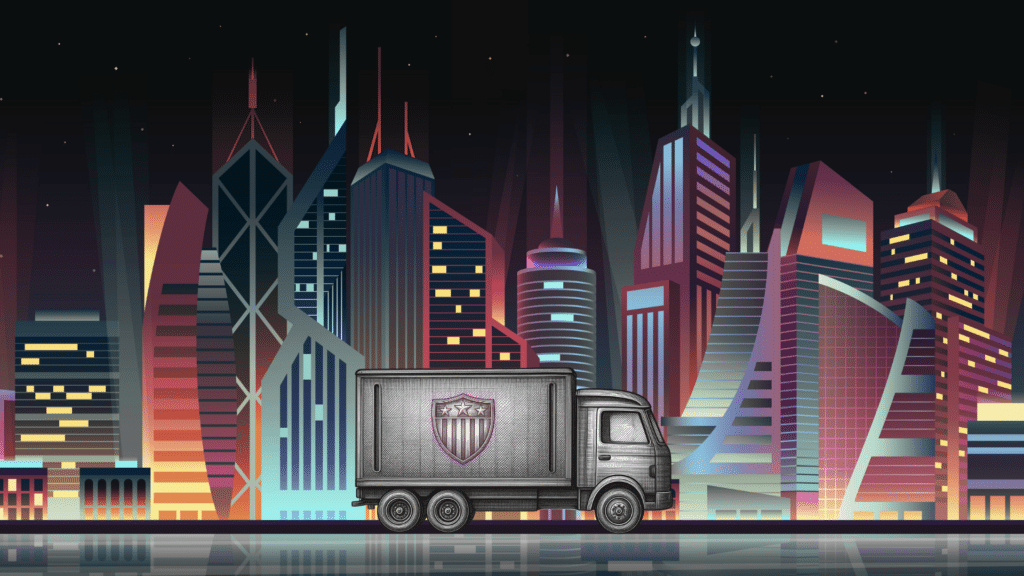 Illustrated Brooks Moving &Amp; Hauling Truck In Front Of A Nighttime City Skyline For A Jupiter Florida Moving Company.