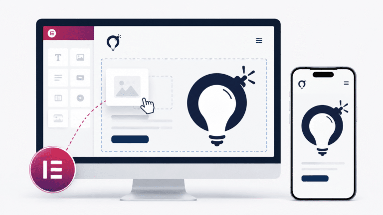 Desktop Monitor And Smartphone Showing A Simple Responsive Boofkay Website Layout Being Built With Elementor-Style Drag-And-Drop Editing