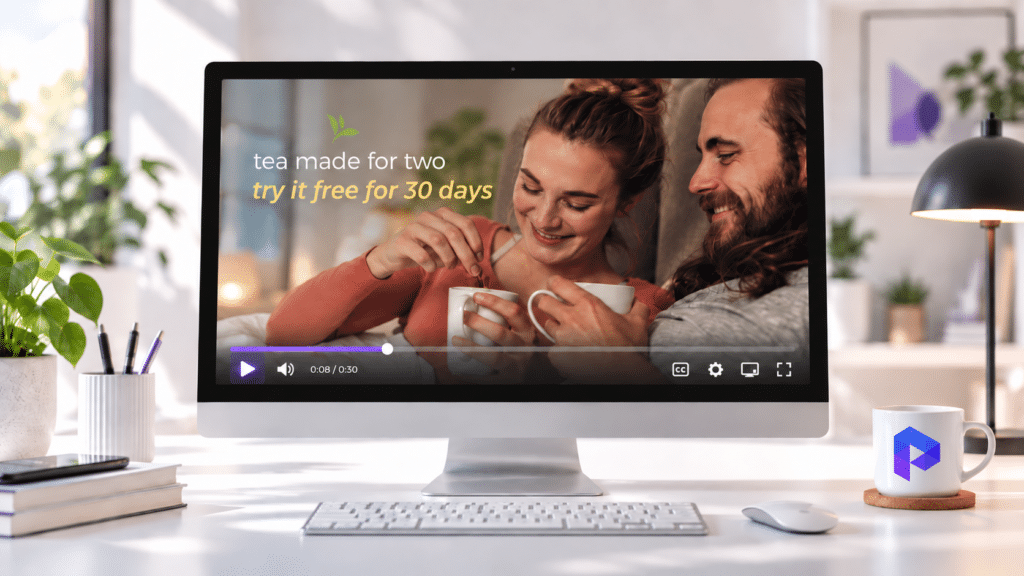 Presto Player Wordpress Shown On A Desktop Monitor Presenting A Polished Video Commercial In A Clean Workspace With The Presto Player Logo On A Mug