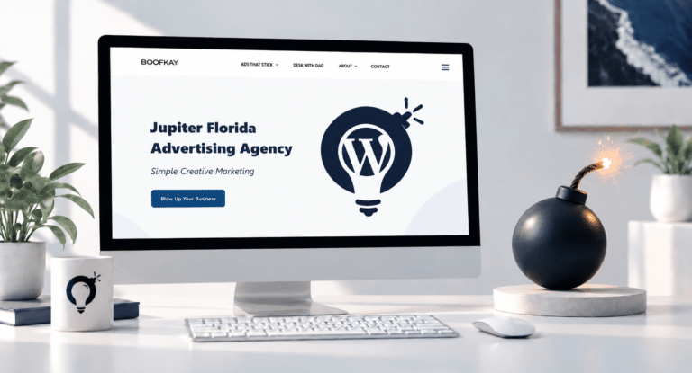 Boofkay Website On A Desktop Computer With The Wordpress Logo Inside The Boofkay Lightbulb Logo And A Lit Bomb Beside It
